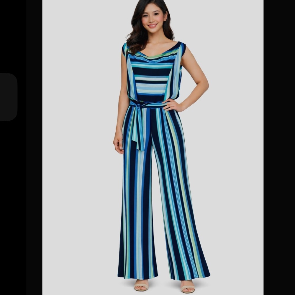 Emma & Michele 70’s Striped Boat Neck‎ Belted Sleeveless Flare Jumpsuit Size M